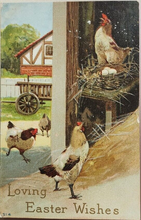 Loving Easter Wishes, Early 1900s Vintage Holiday Greeting, Chickens, Embossed