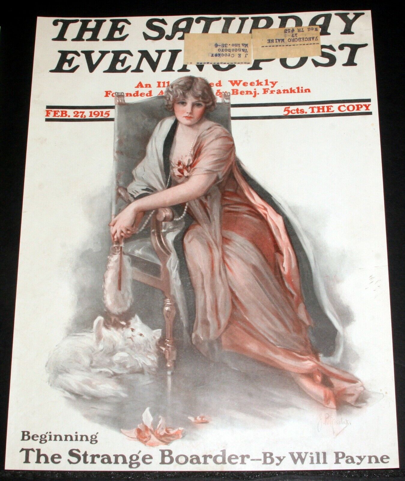 1915, FEB 27, OLD SATURDAY EVENING POST MAGAZINE COVER, Z.P. NIKOLAKI LADY ART
