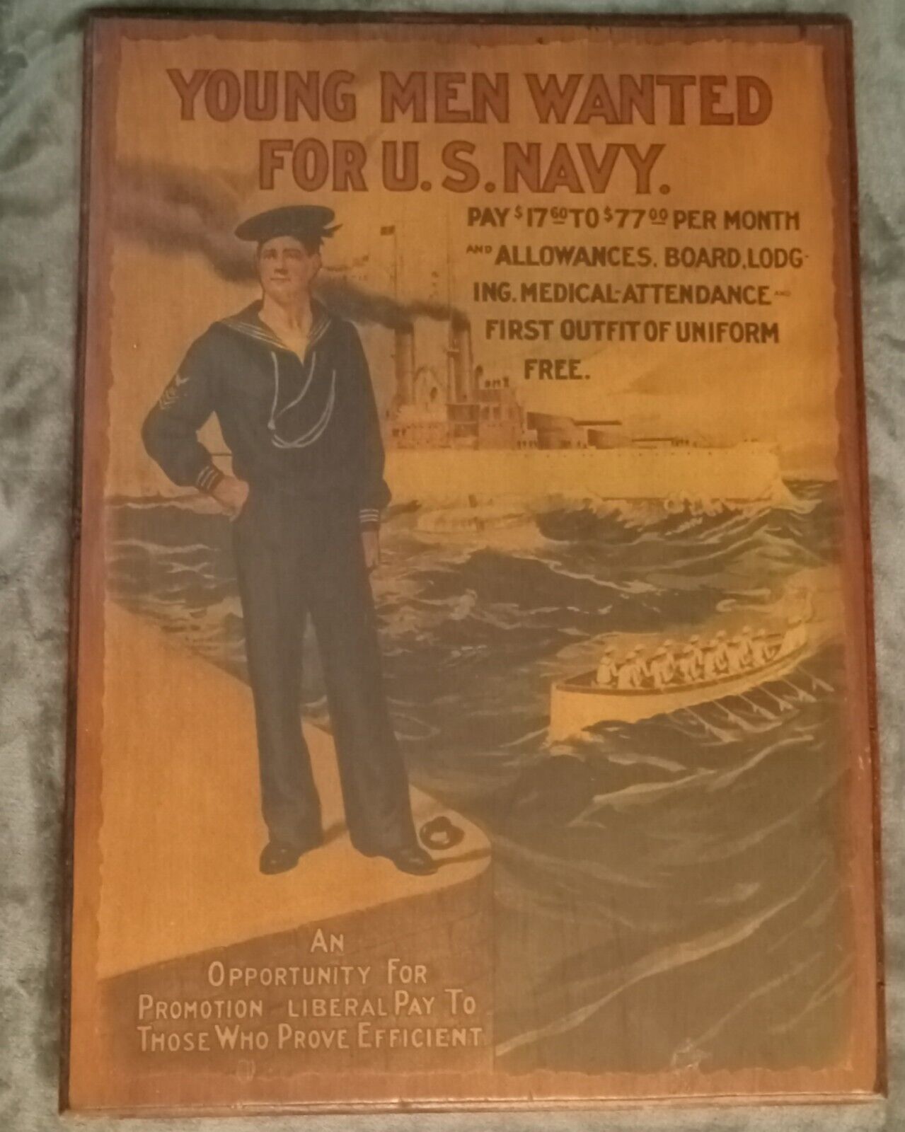Large Vintage U.S. Navy Recruiting Poster On Wood 23\