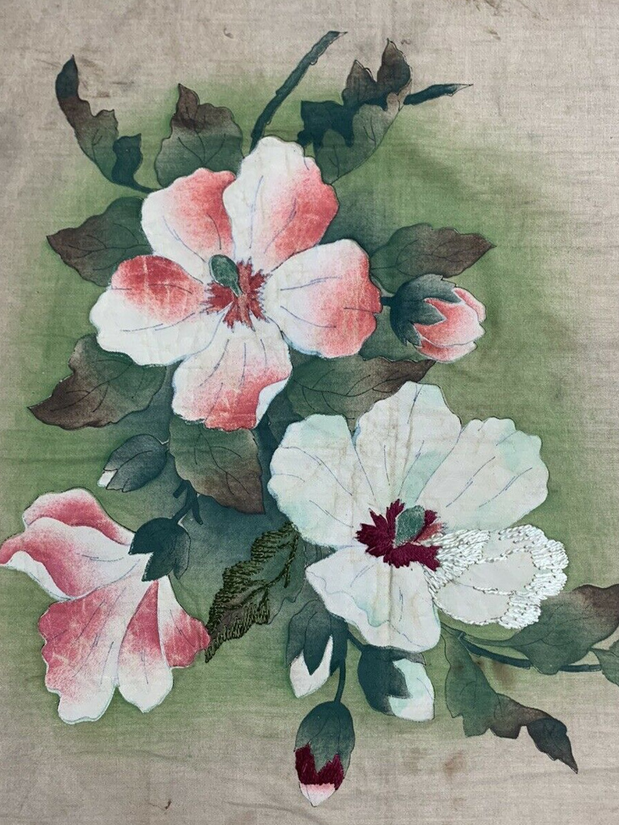 Antique c1900 Hand Painted Antiqued Silk Linen Embroidery Canvas Magnolias 22x23