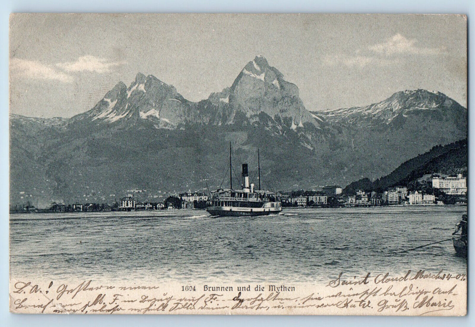Switzerland Postcard Brunnen and the Myths Steamship View 1907 Posted Antique