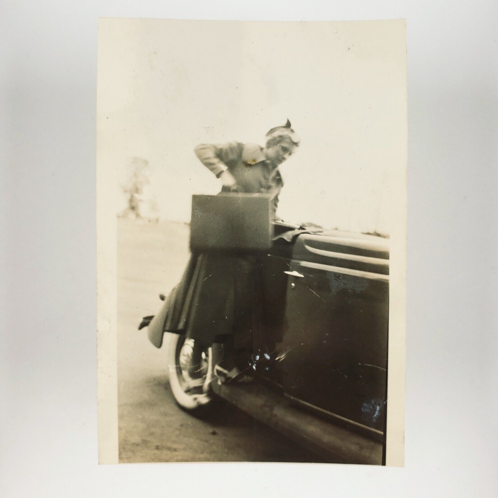 Blurry Woman Packing Suitcase Photo 1940s OId Car Luggage Lady Snapshot C2830