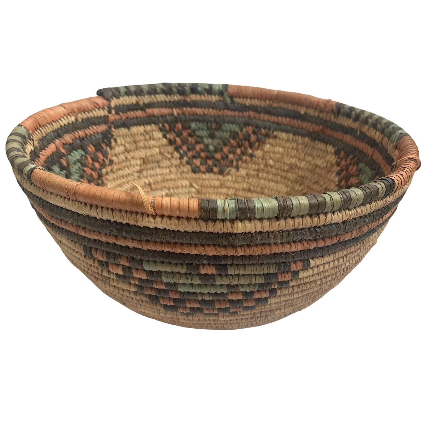 Nigerian Hausa Woven 11” Coiled Grass Bowl Basket Africa Red, Teal Green, Brown