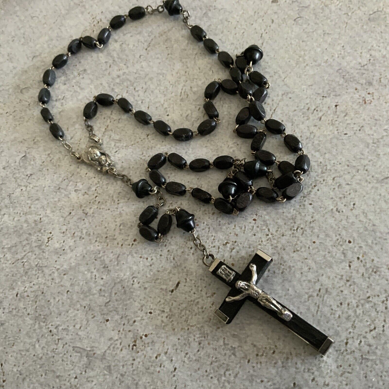 Vintage Made in Italy black wood bead rosary necklace 
