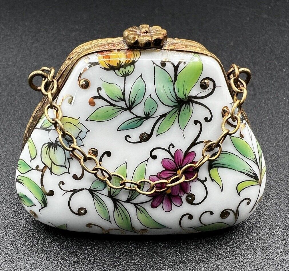 Limoges French Accents Studio Purse with Coin Floral Trinket Box Peint Main #289