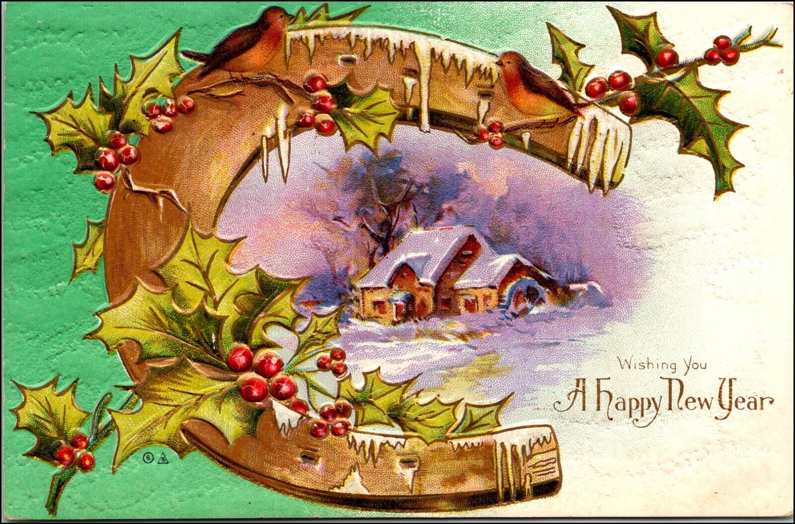 C.1910s New Year. Village Home Scene In Horseshoe, Birds, Holly. Scenic Postcard