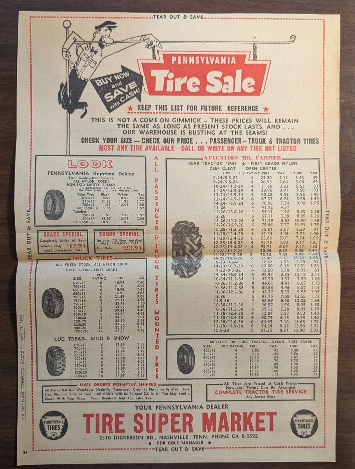 Tire Super Market Pennsylvania Car/Tractor Tire Sale Newspaper Ad May 17, 1964