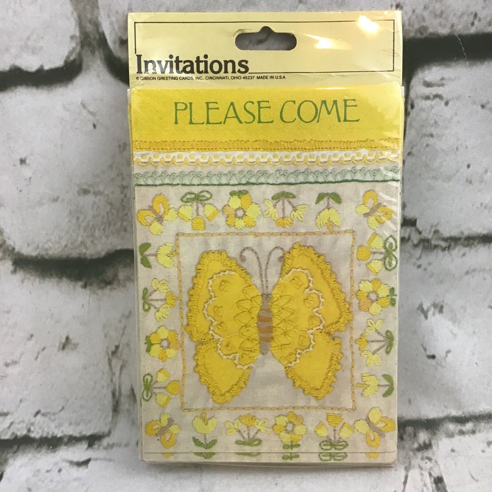 Vintage Party Invitations Set Of 8 Yellow Embroidered Butterflys Gibson NEW