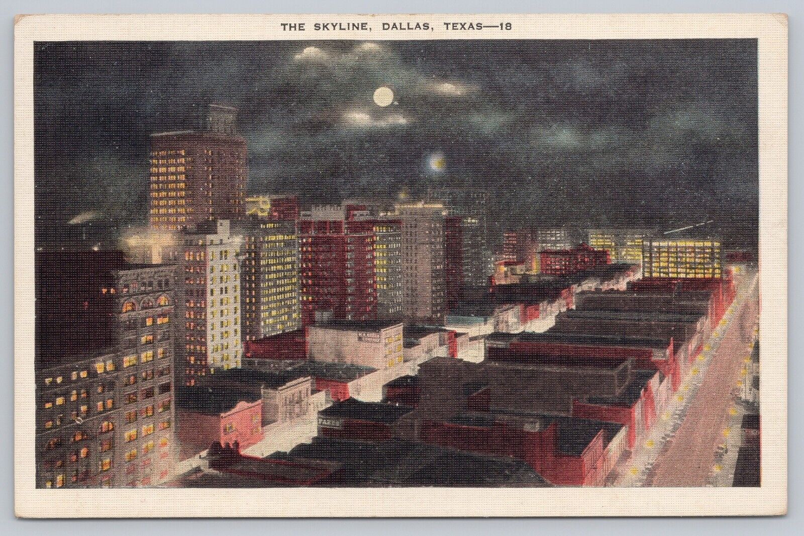 1930s Dallas, Texas Skyline Vintage Linen Postcard Night Time Moon Aerial