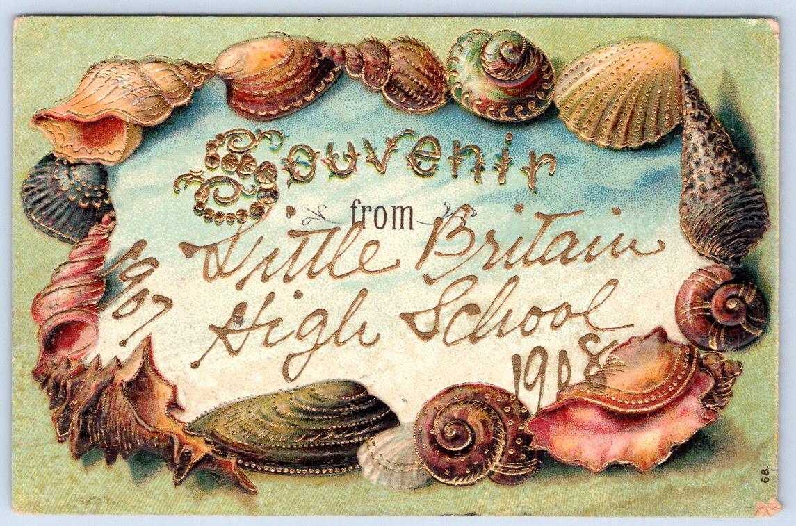 1907/8 SOUVENIR LITTLE BRITAIN HIGH SCHOOL PA SEA SHELL EMBOSSED BORDER POSTCARD