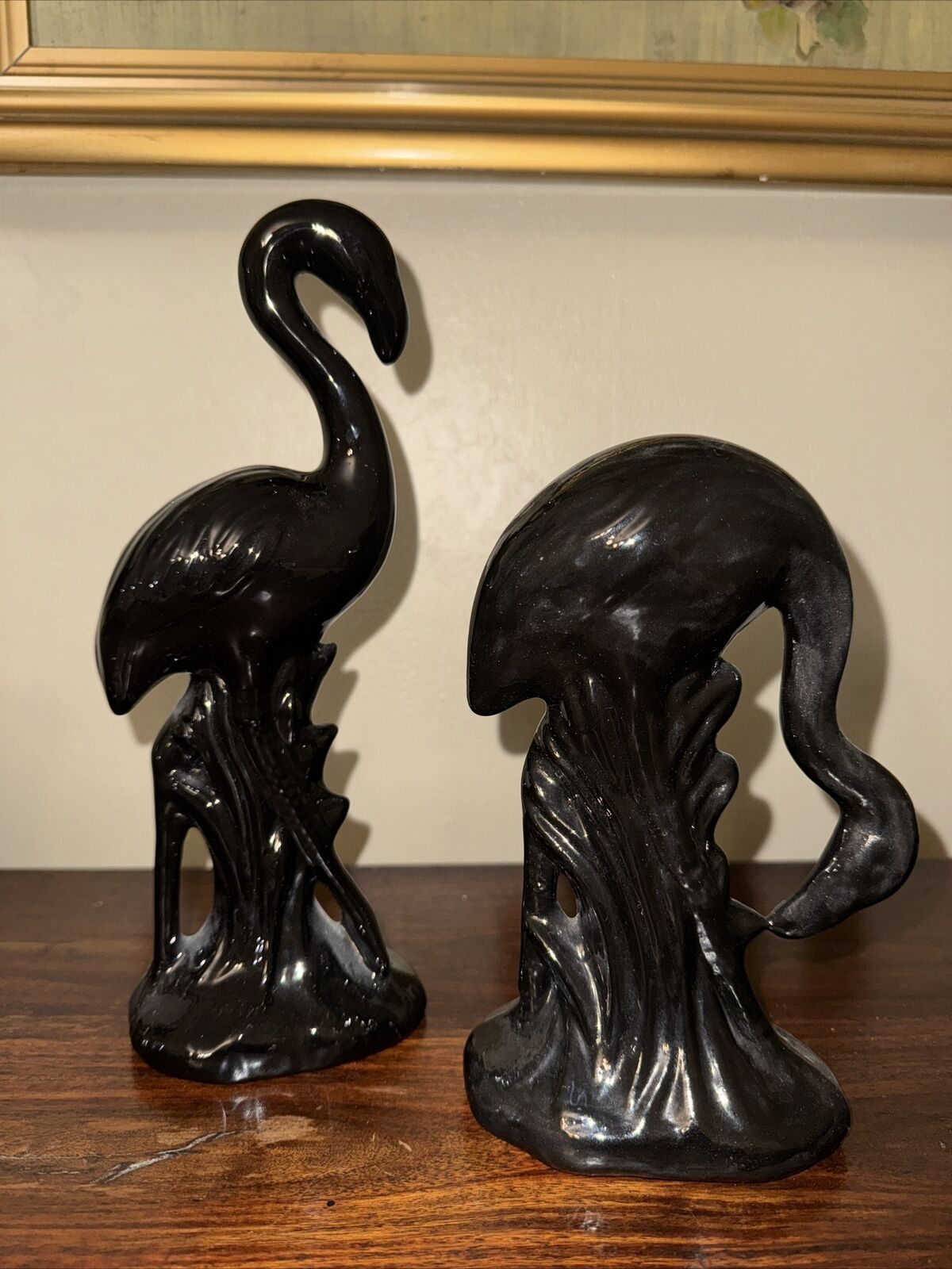 Vintage Mid Century Modern MCM Glossy Black Flamingo Figurine Ceramic Set Of 2