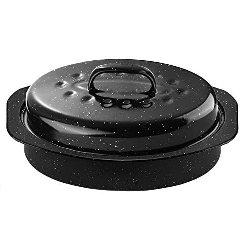 13Inch Roasting Pan, Enamel on Steel, Black Covered Oval Roaster Pan 13 inches