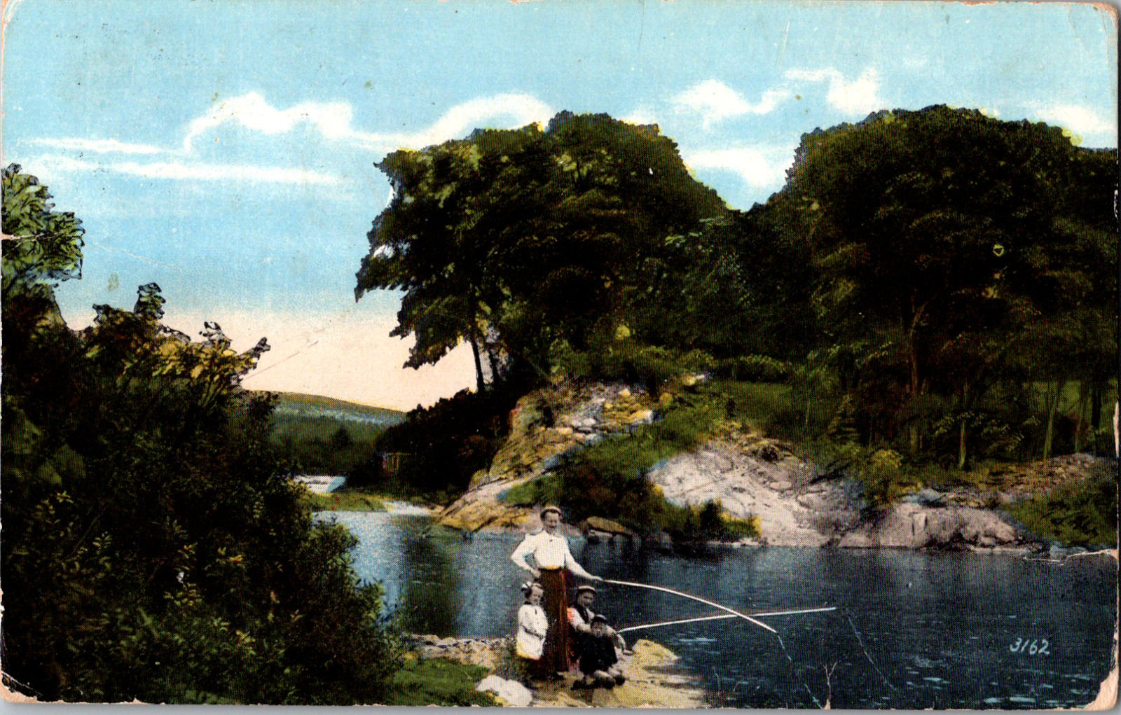 C.1910 Family Fishing in a Lake Mother Father Children Montgomery PA Postcard