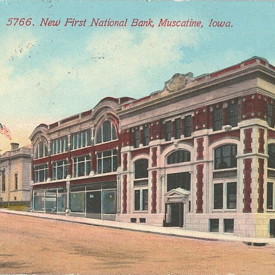 c.1912 New First National Bank Muscatine County Iowa Postcard American Flag Road