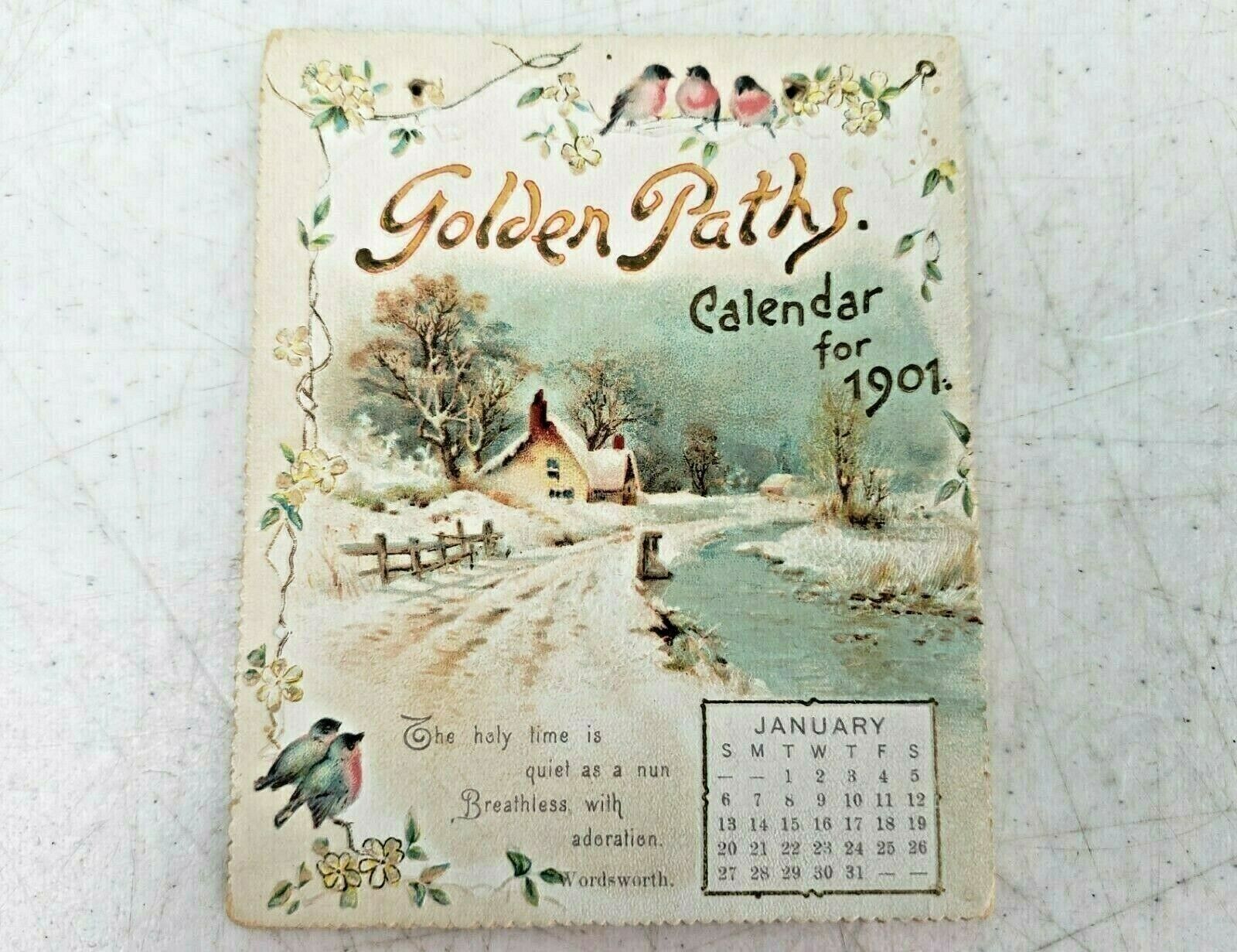 1901 Calendar Card Set German Die Cut Embossed GOLDEN PATHS Poetry Christmas