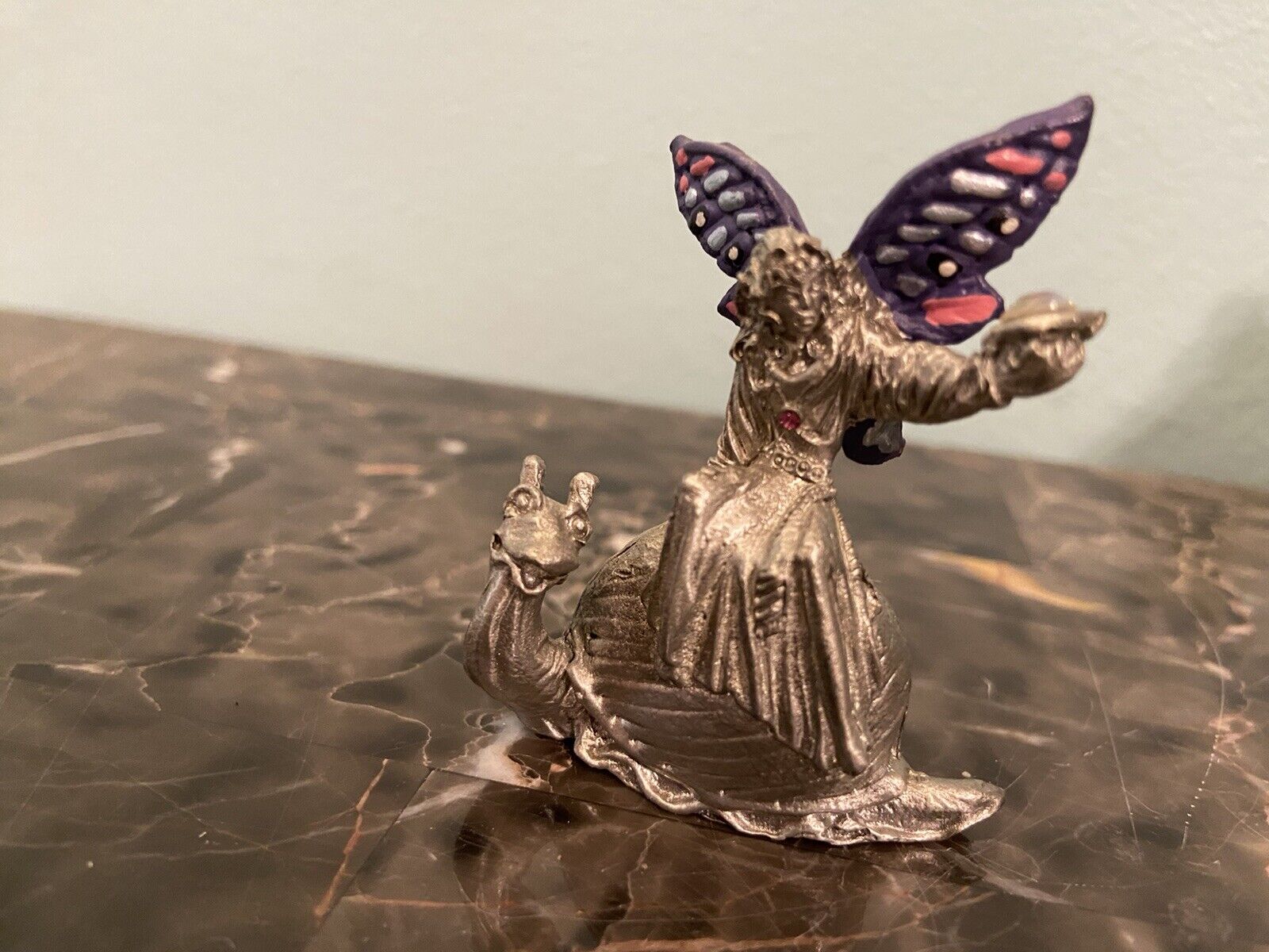 Vintage  Gallo Pewter 1992  Fairy  On Snail Figurine. Stamped. HTF Pretty Colors