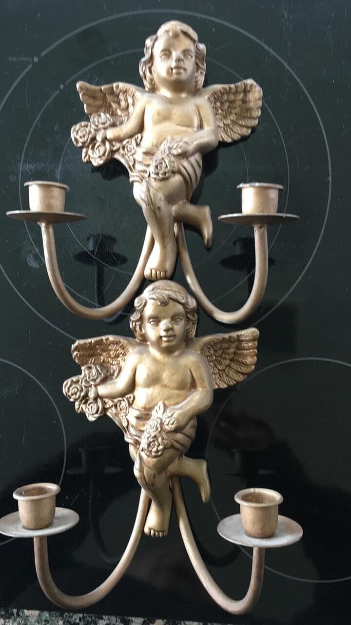 Vintage PAIR Italian Florentine Figural Cherub Putti Gilded Candlesticks 