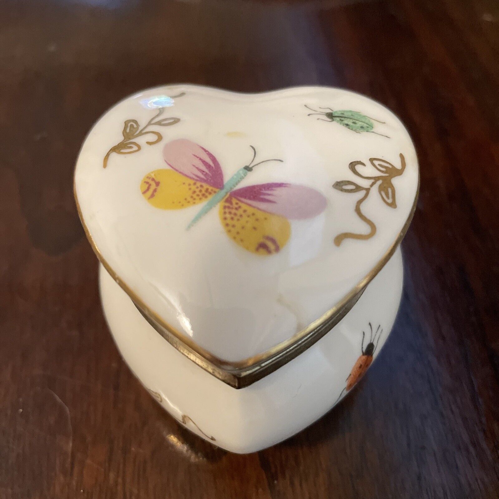 Vintage Porcelain Ardalt Japan Trinket Box Butterflies Beetles Gold Trim