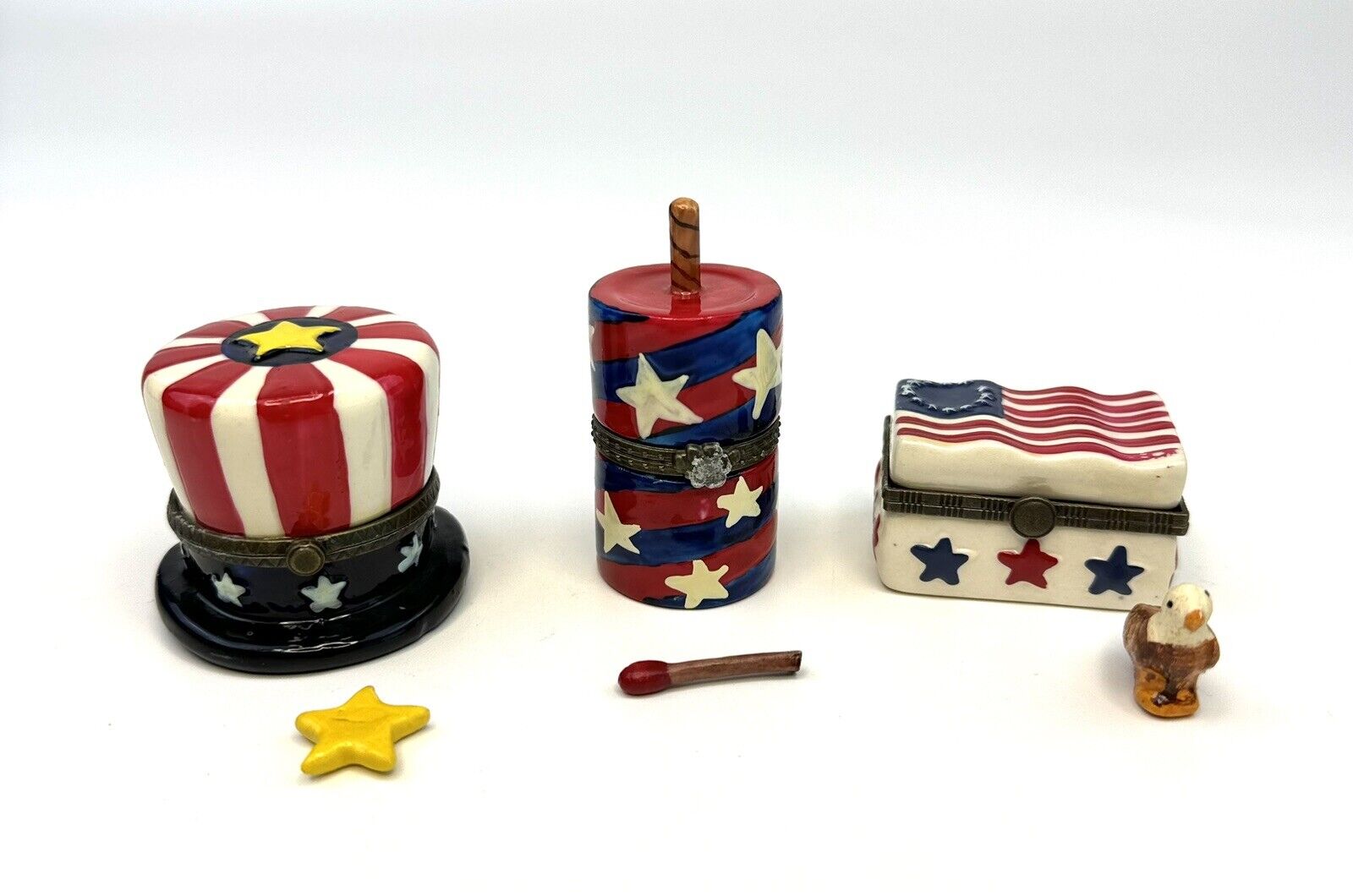 Porcelain Hinged Trinket Box USA Fourth Of July Lot Of 3 American Flag Fireworks