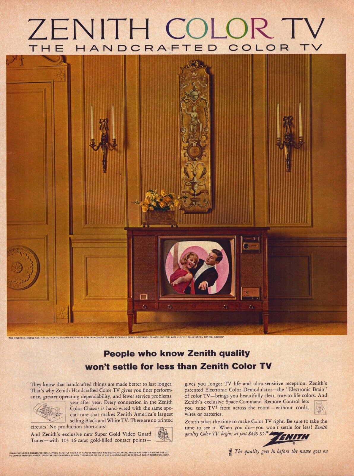1964 Zenith Color TV Print Ad Handcrafted The Valencia Italian Provincial
