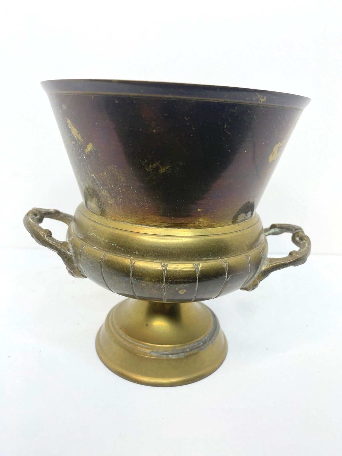 Vtg Solid Brass 5.5” Urn/Flower Vase With Handles