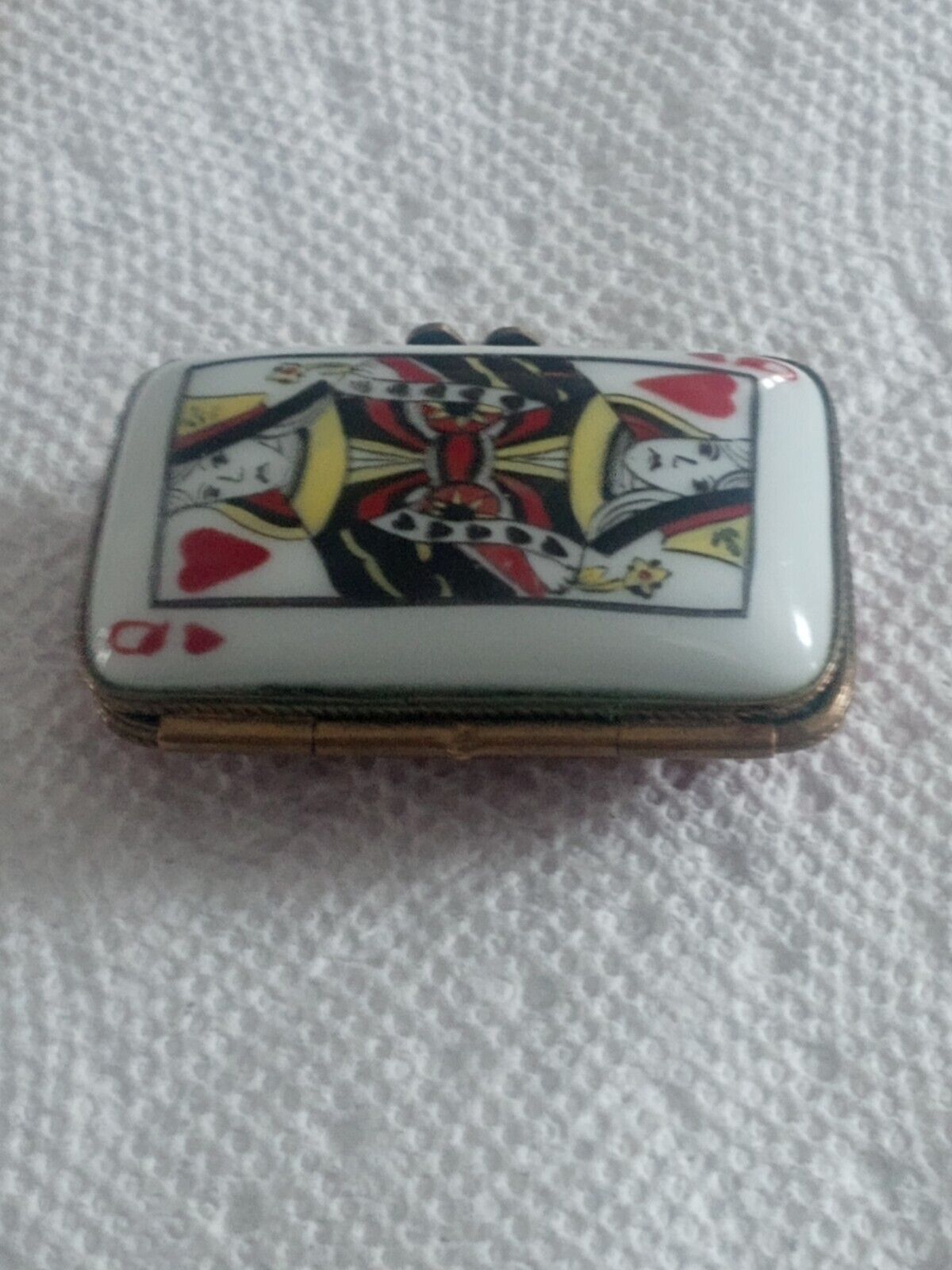 Vintage Porcelain Limoges Queen Of Hearts Card Trinket Pill Box RARE SIGNED
