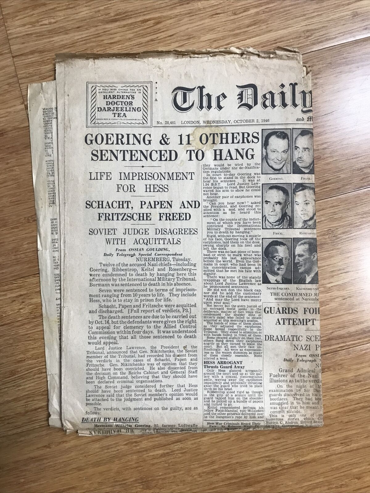 October 1, 1946 daily telegraph London Nuremberg Nazis Goering Hess￼