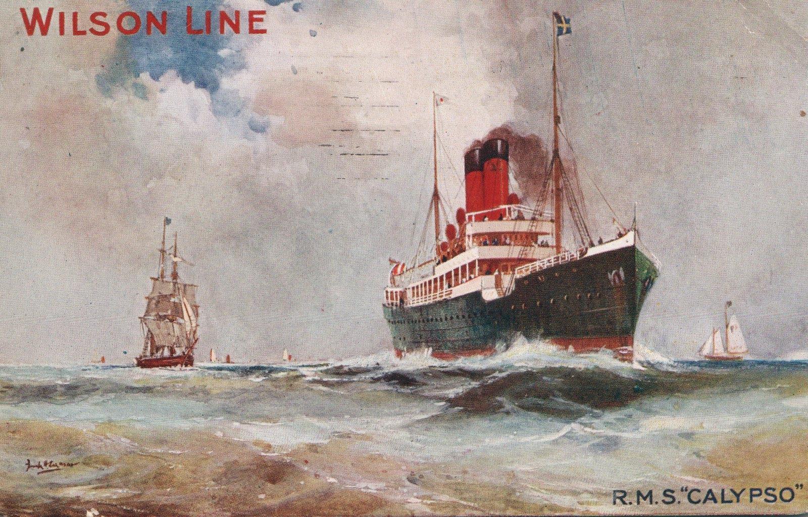 1914 VINTAGE Wilson Line RMS CALYPSO POSTCARD sent from Hull to Sierra Madre