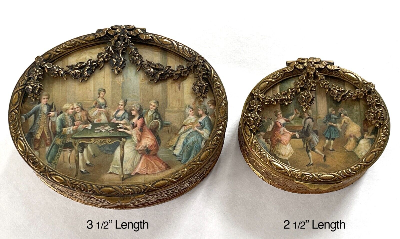 (2) Antique French Oval Gilded  Metal Boxes w/hinged lid, scene & glass top.