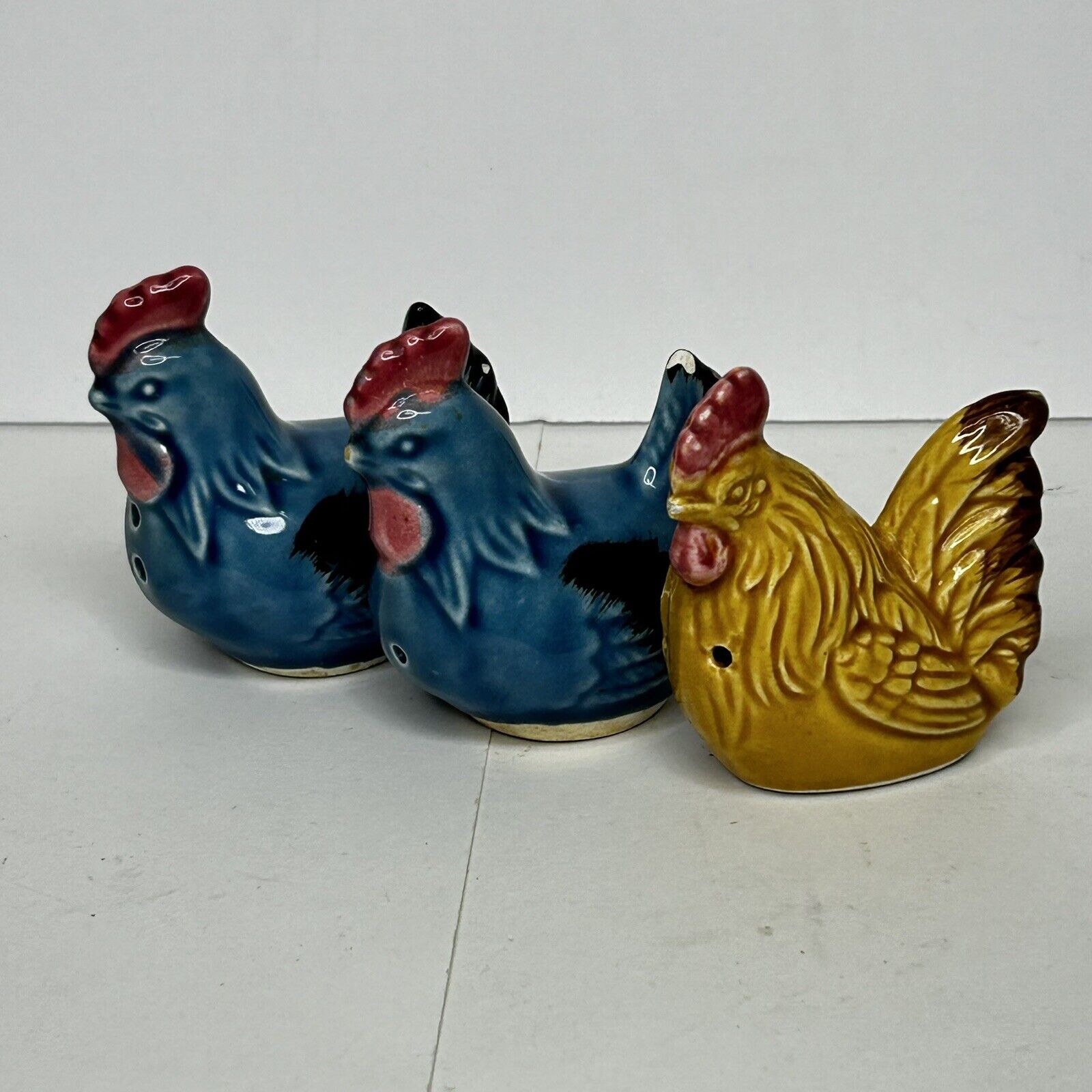 Vtg Blue Ceramic Chicken & One Rooster Salt & Pepper Shakers Japan READ