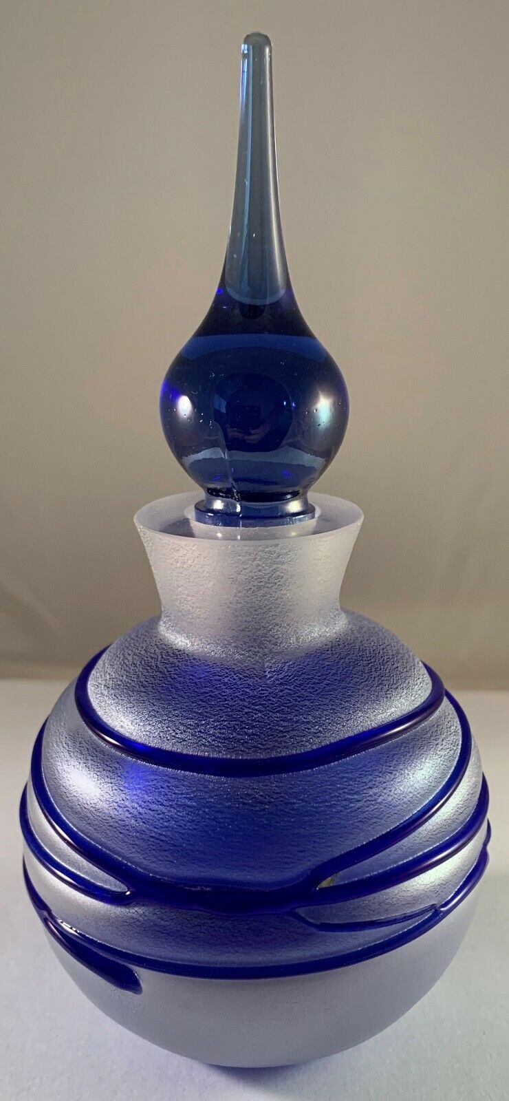 Beautiful Cobalt Blue Swirl Frosted Crystal Perfume Bottle with Clear Flat Side