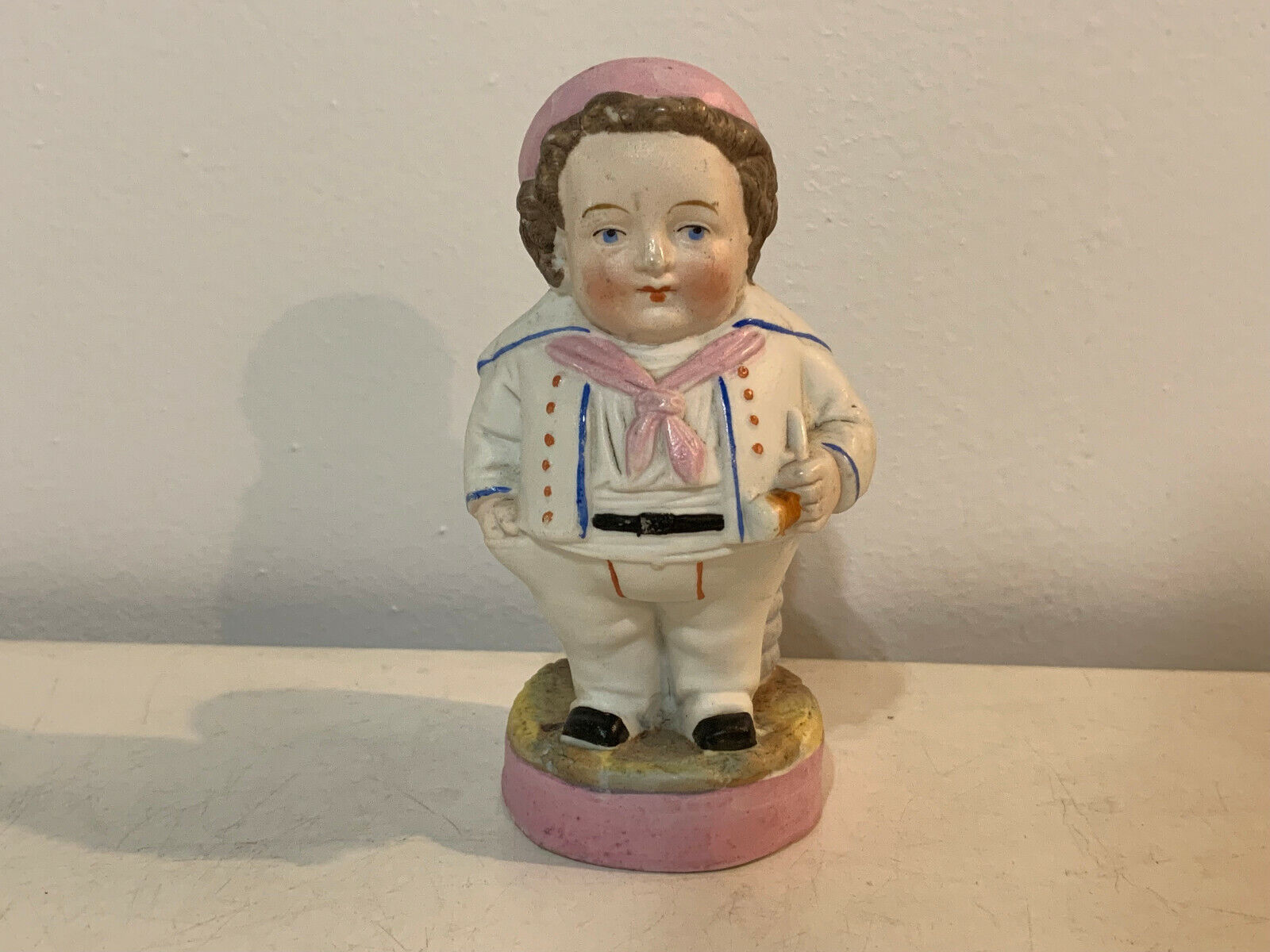 Antique Bisque Porcelain Happy Fat Fats Doll Match Holder Boy w/ Pipe