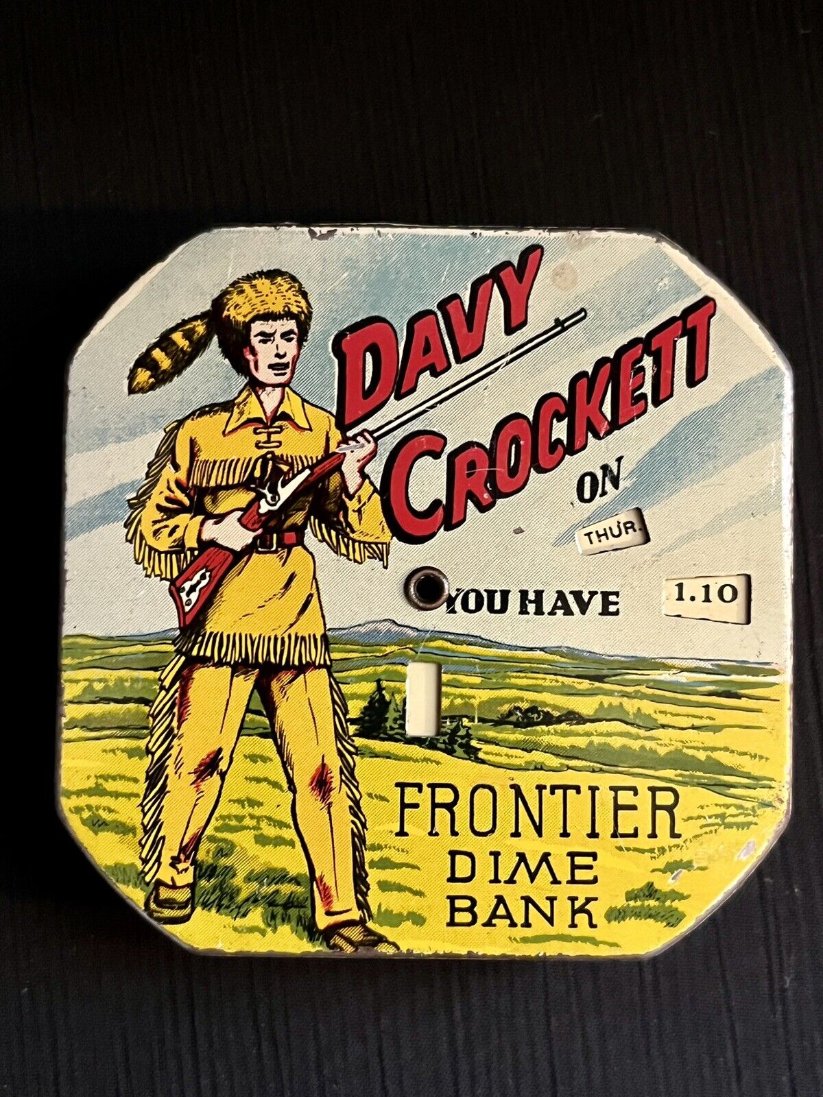 Vintage Davy Crockett Dime Bank ~ Rare Cloudy Sky - Metal Coin Pocket Dime Bank