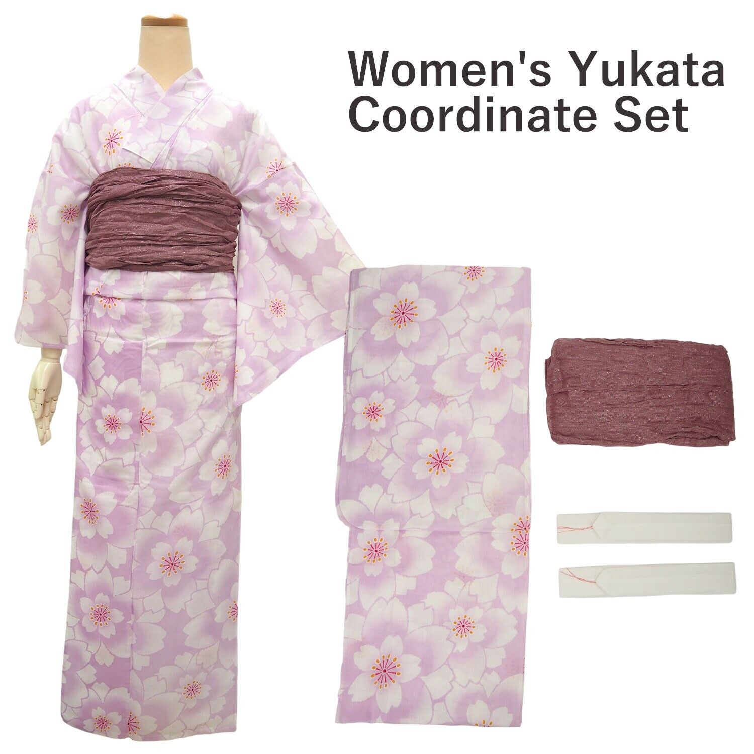 Women\'s Yukata Coordinate Set of 3 For Beginners : Light purple Yukata & Old Lil
