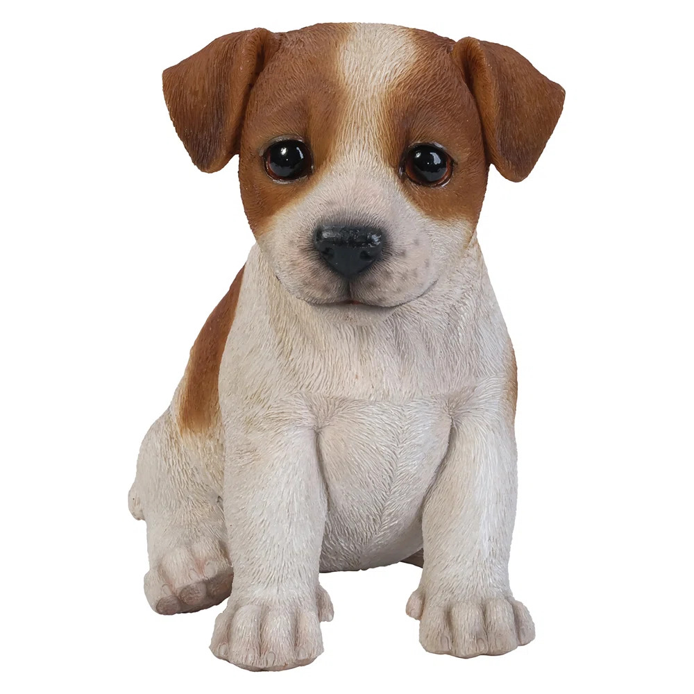 Jack Russel Terrier Sitting Puppy White and Brown Statue Indoor Outdoor 6 in
