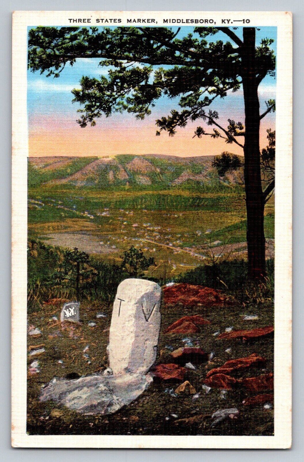 Three States Marker, Middlesboro, KY (Kentucky) Vintage Postcard