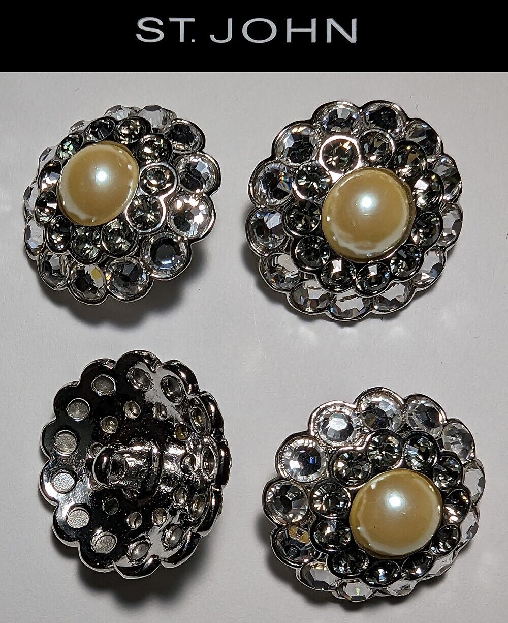 St John Knits Round Silver Tone Pearl Smoke Gray & Clear Crystal Buttons 