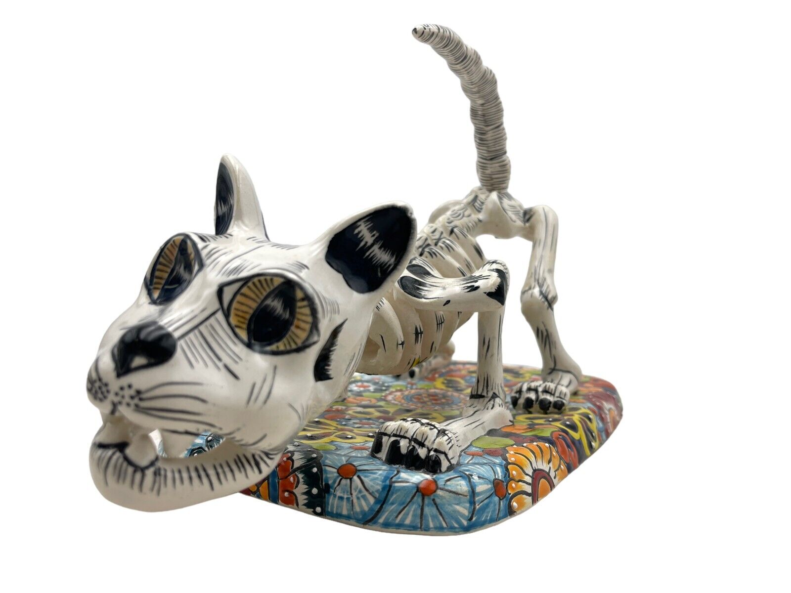 Talavera Skeleton Cat Kitty Mexican Pottery Cute Folk Art Handmade 13\