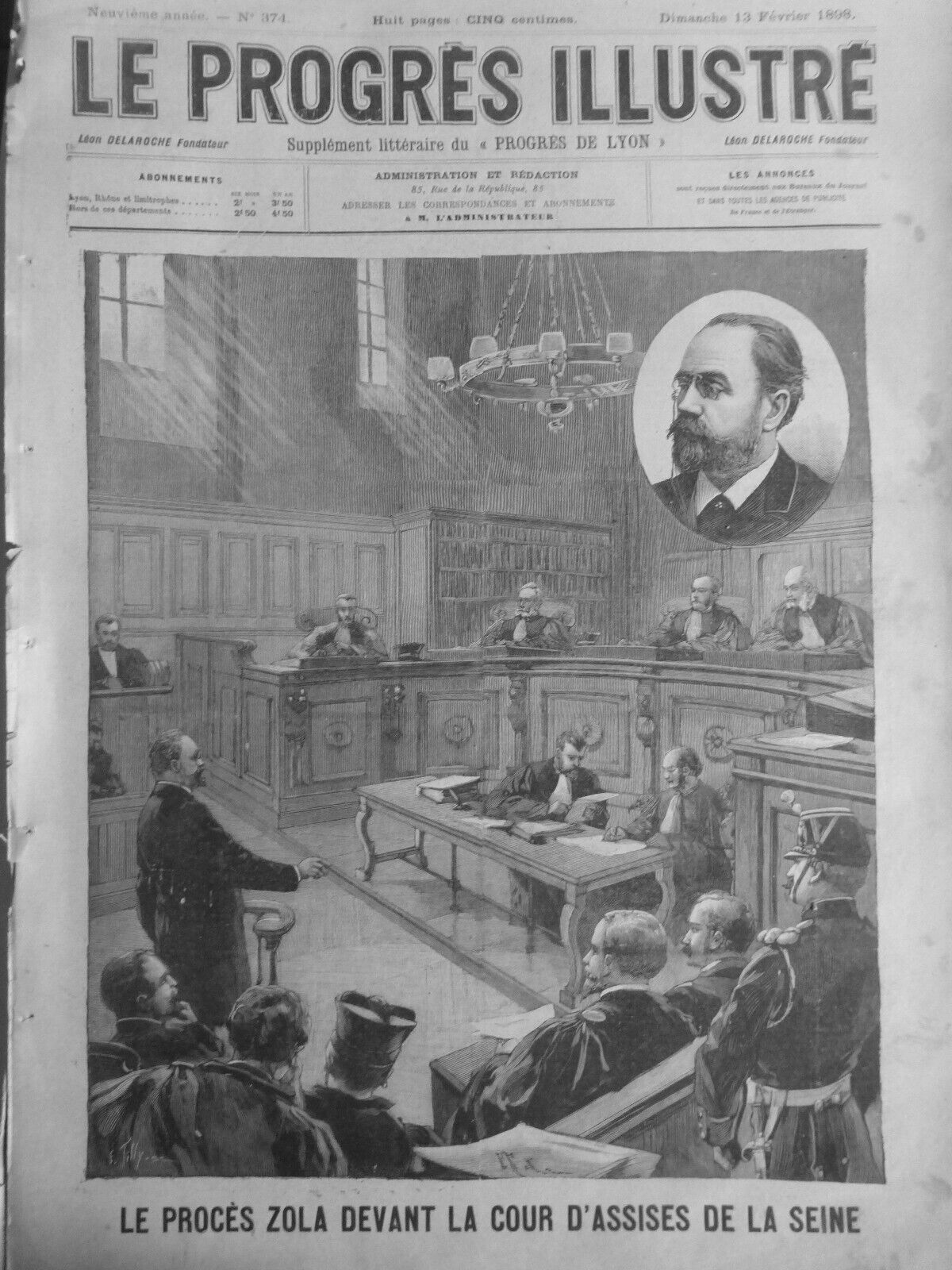 1898 EMILE ZOLA TRIAL COURT SITTING LAWYER JUDGE 5 NEWSPAPERS
