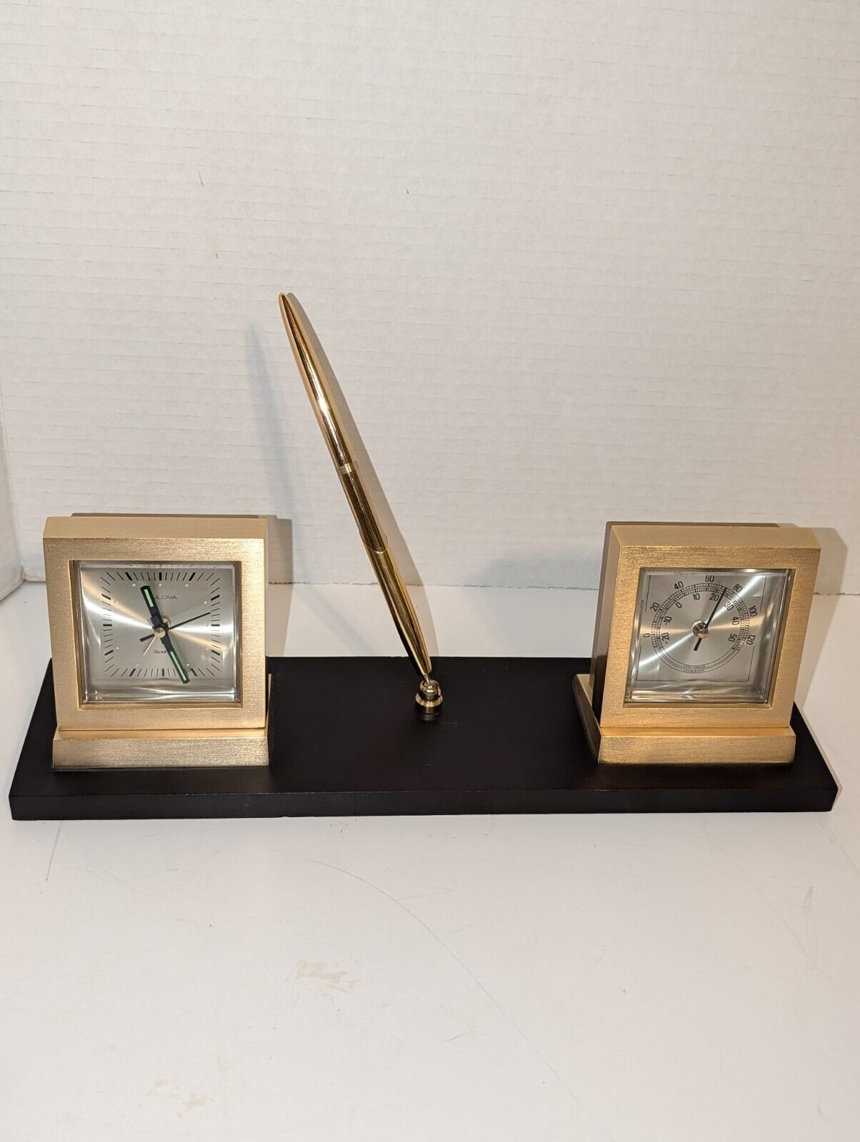 Bulova Desk Set Alarm Clock Thermometer Pen Wood Brass Mid Century Modern VTG