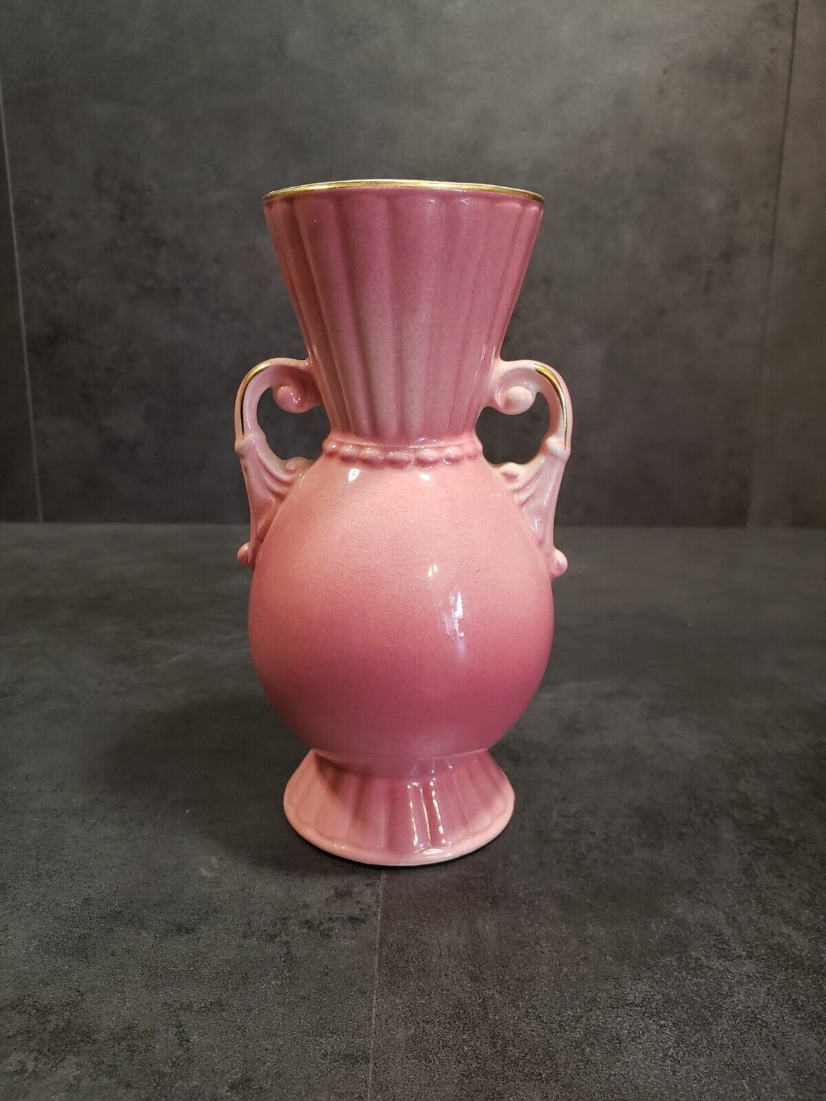 Vintage Royal Copley Dusty Pink Art Deco Vase Gold Trim Handles and Rim