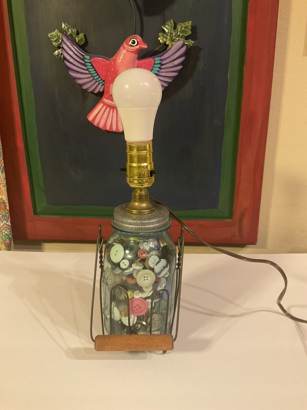 Vintage Leviton Farmhouse Ball Mason Quart Jar With Buttons Lamp 12”