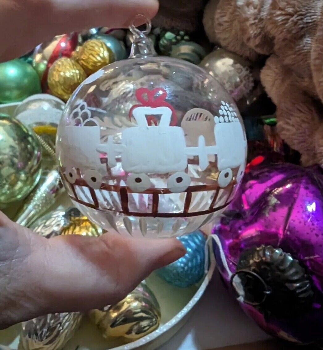 Vtg Handpainted Train Christmas Ornament Glass Clear Childrens Ball 