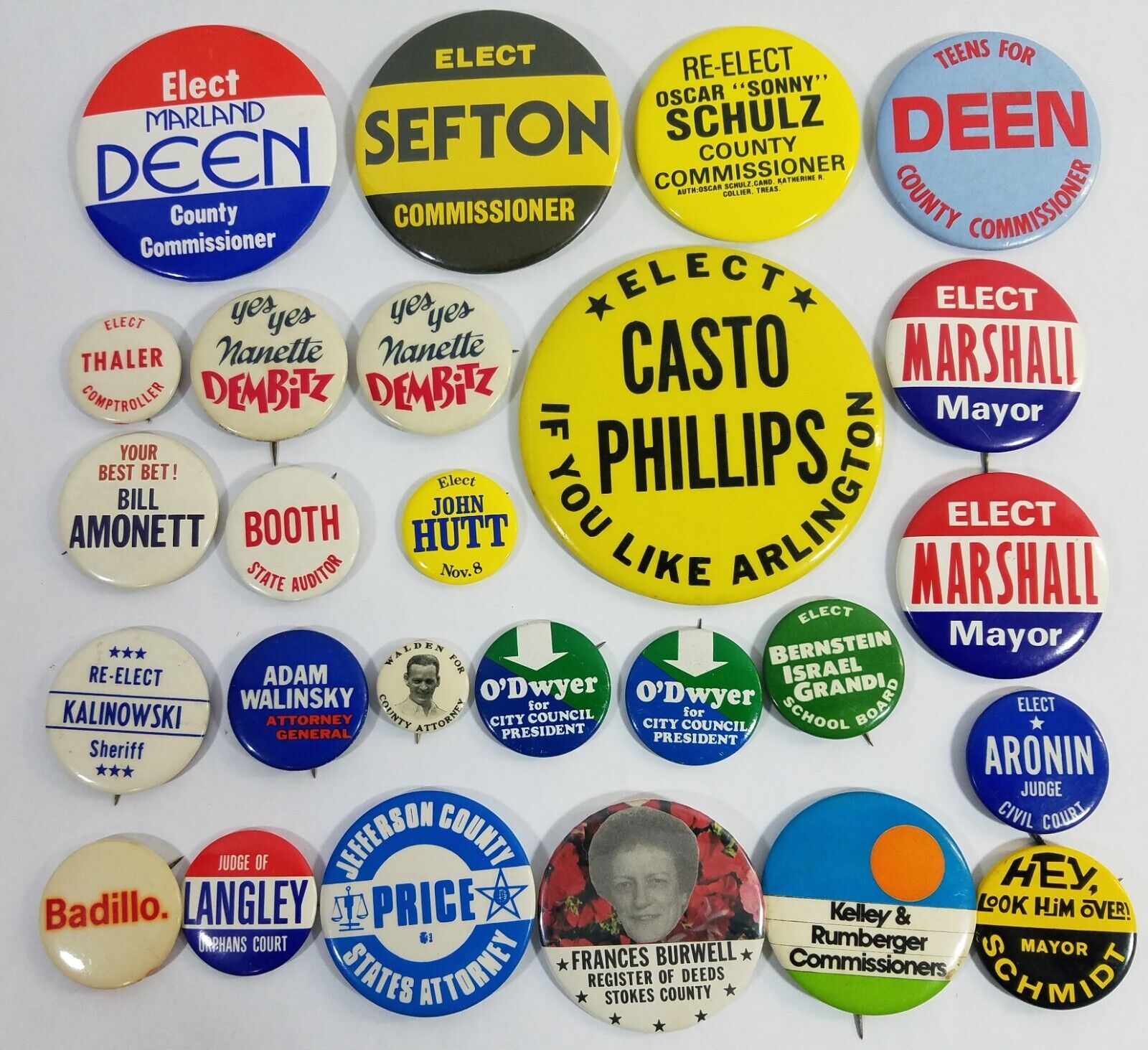 Lot of 26 Political Campaign Pin Pinback Buttons Marshall Casto Sefton Deen Hutt
