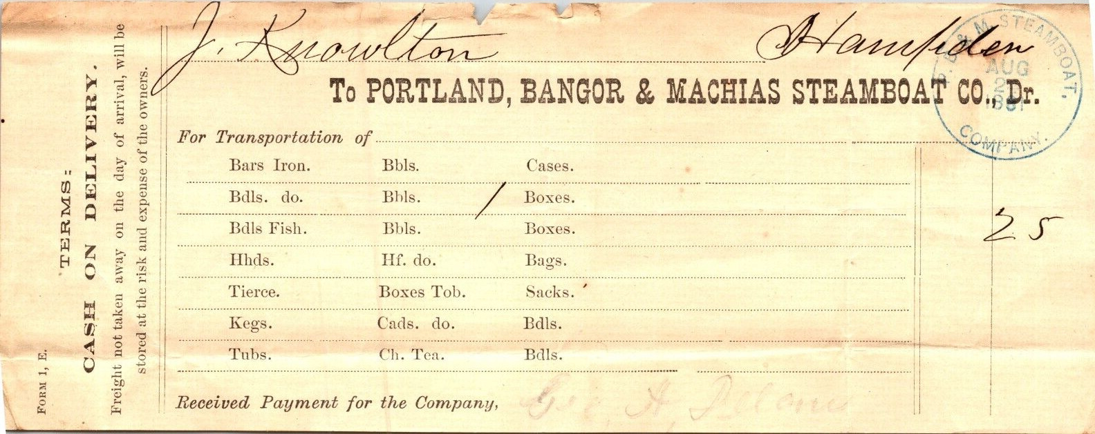 Nautical Portland Bangor & Machias Steamboat Co 1881 Hampden Maine Receipt
