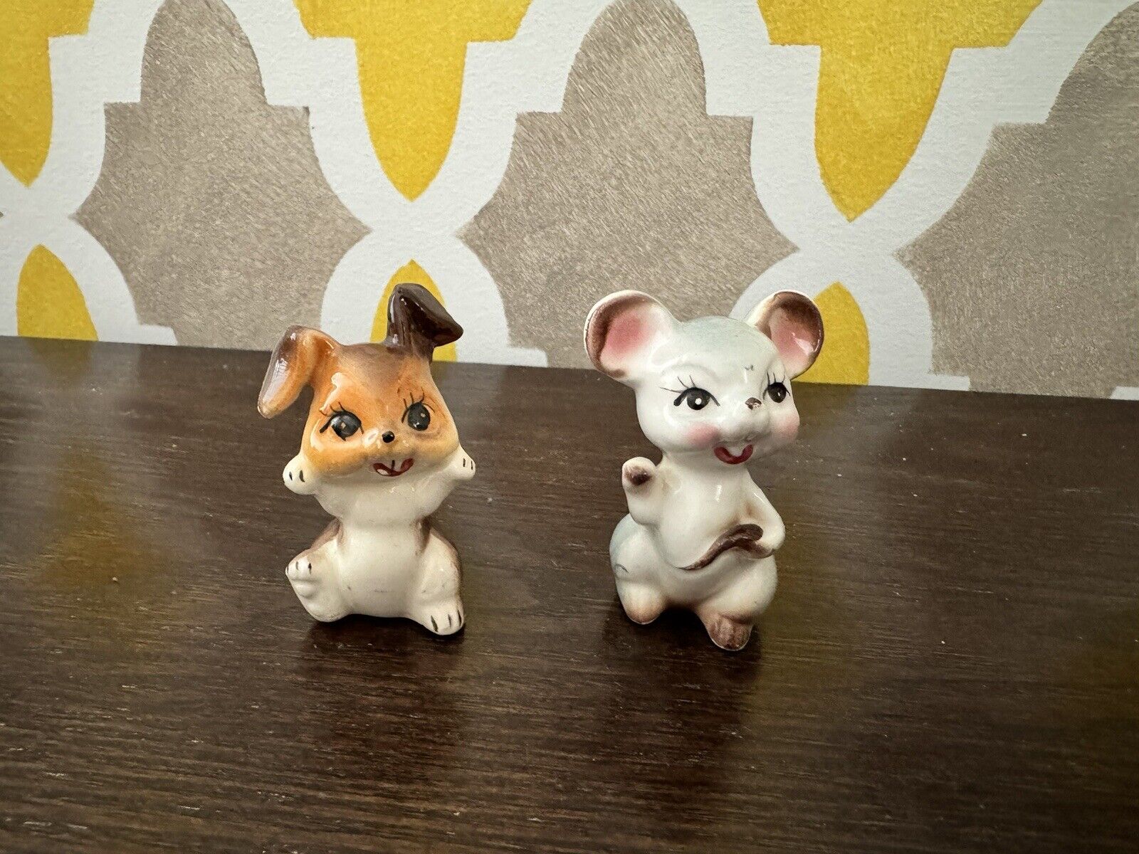 2 Vintage Hand Painted Anthropomorphic Rabbit and Mouse Figurines Japan