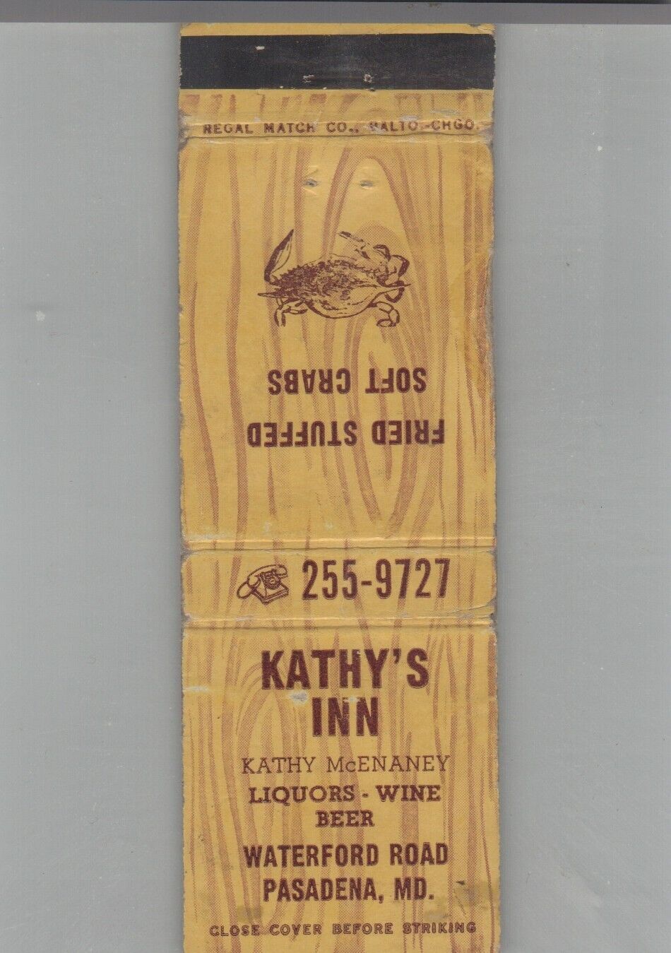 Matchbook Cover Crab Kathy\'s Inn Pasadena, MD