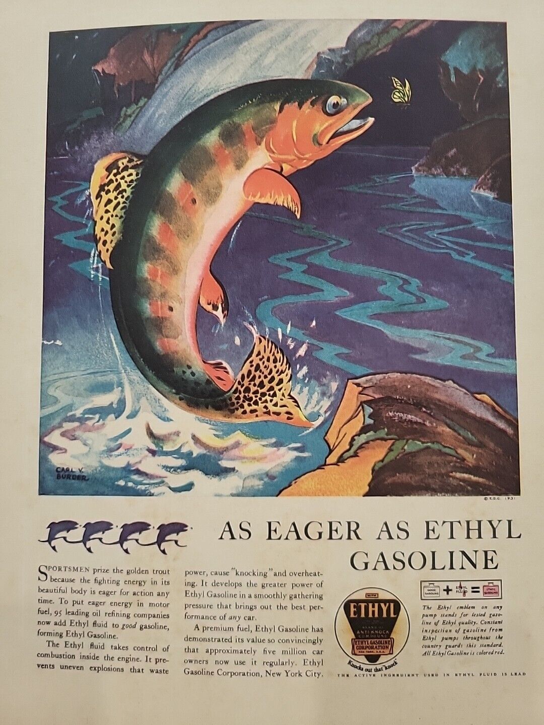 1931 Ethyl Gasoline Fortune Magazine Print Advertising Trout Fly River Color