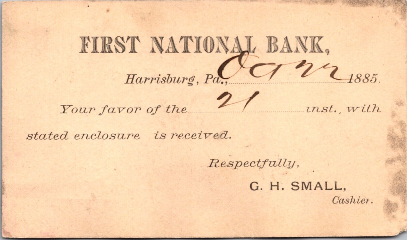1885 Receipt Postcard First National Bank in Harrisburg, Pennsylvania