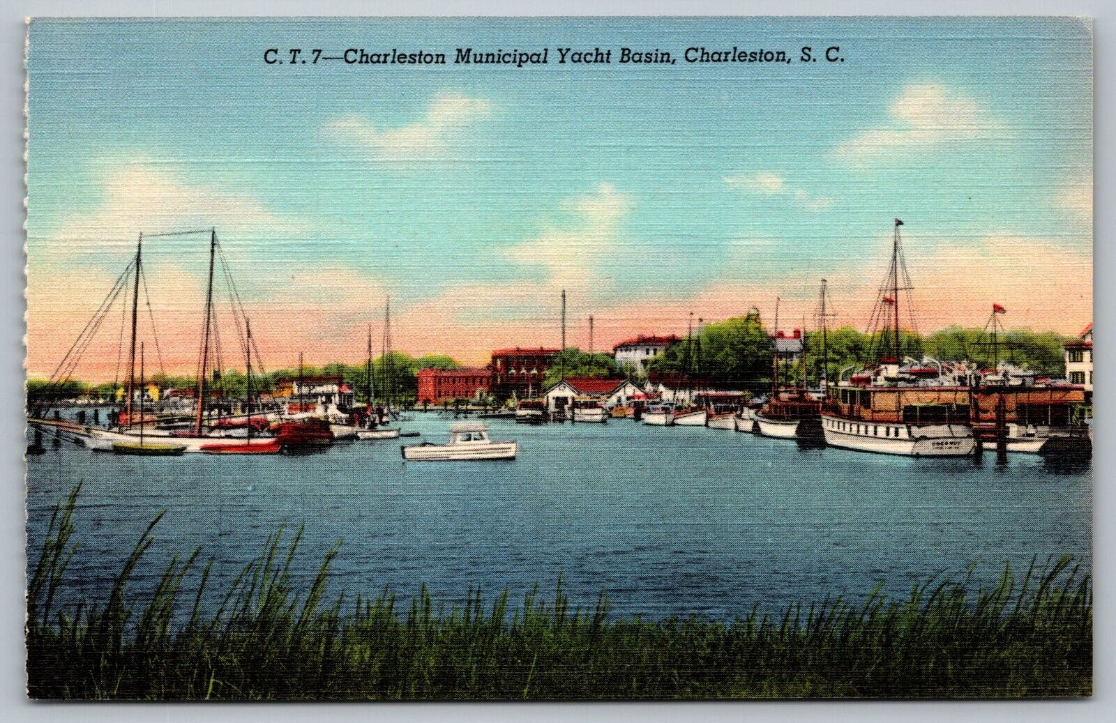 Postcard Charleston Municipal Yacht Basin South Carolina Boats Harbor Vintage SC